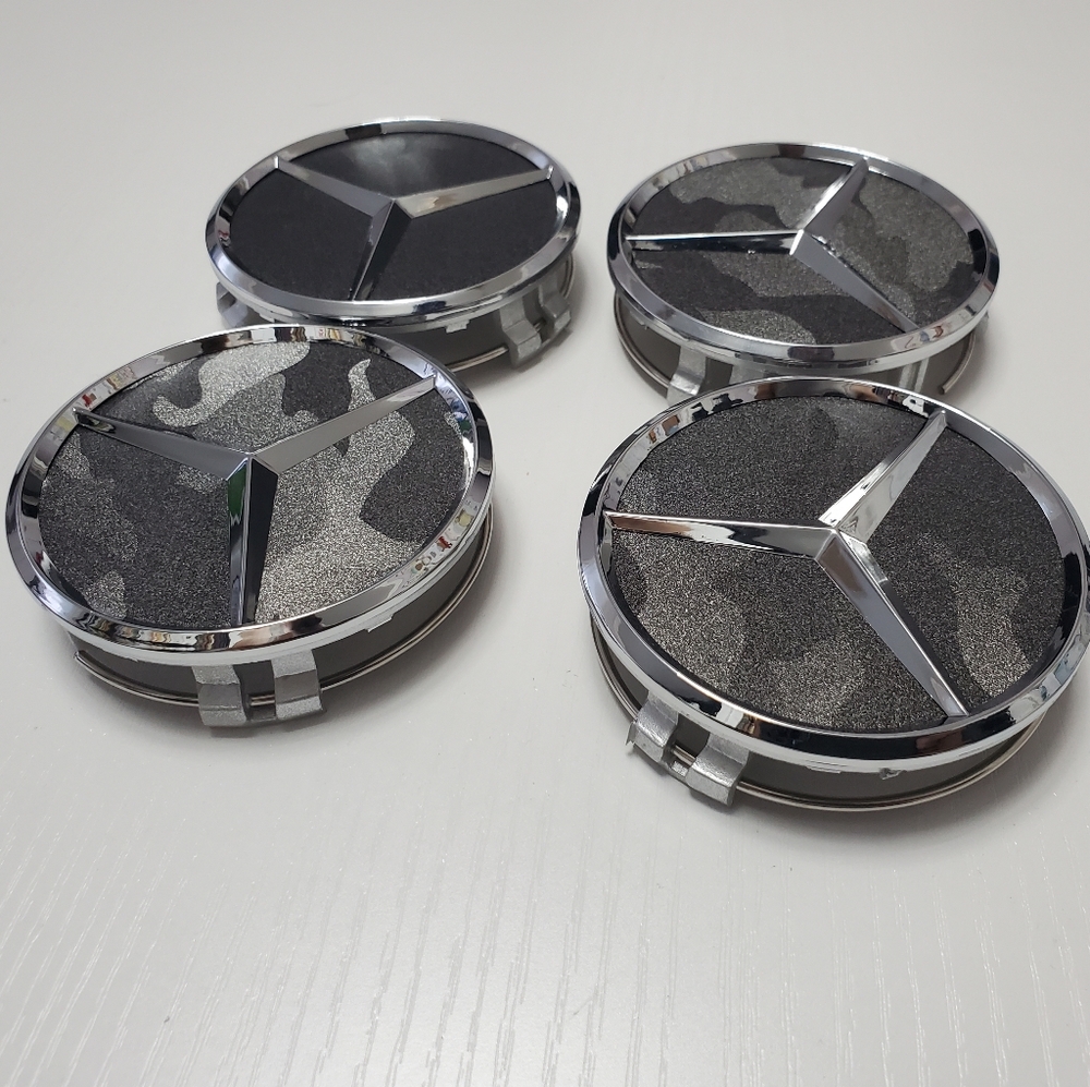 4 Camouflage Silver WHEEL CENTER HUB CAPS EMBLEM FITS MERCEDES BENZ 75mm 3inch - Picture 4 of 6